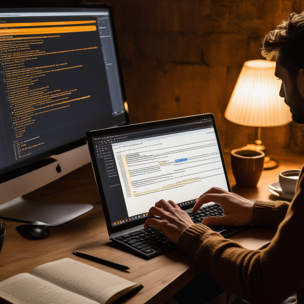 A warm workspace at night showing computer screens with log files and code, hands at a keyboard, desk lamp casting golden light, coffee cup nearby—the intimate atmosphere of careful documentation and late-night collaboration