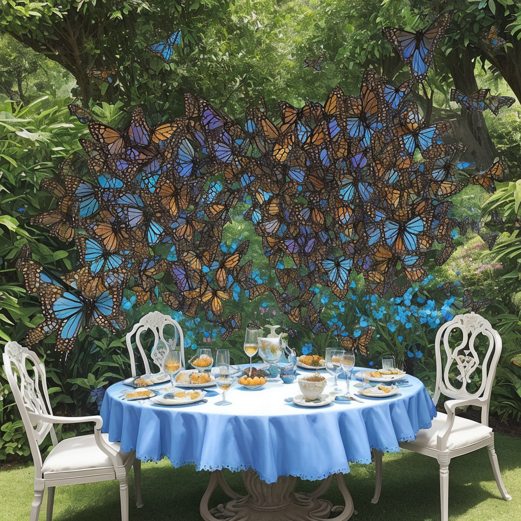 A woman surrounded by colorful butterflies in a sunlit garden café