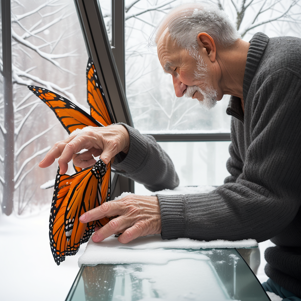 An elderly man with a monarch butterfly on his finger, snow visible through the window behind him