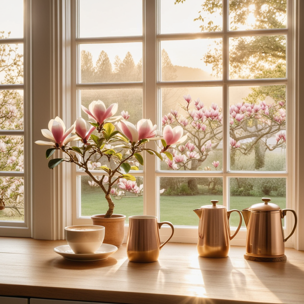 A sunlit kitchen window in late spring with a magnolia tree in pink bloom outside, two coffee cups and copper kettles on the sill