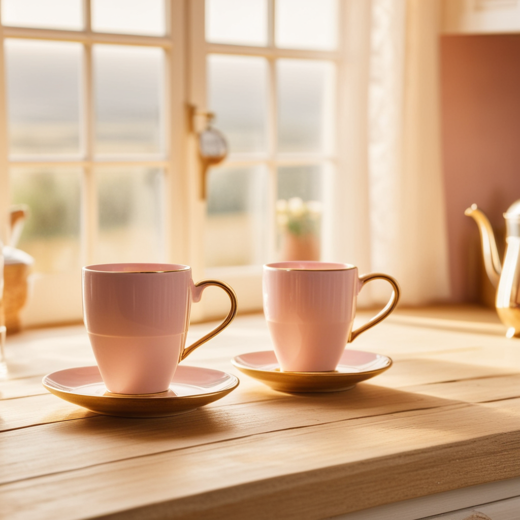 Two ceramic coffee cups in soft sunrise light on a wooden table, a copper kettle in the background