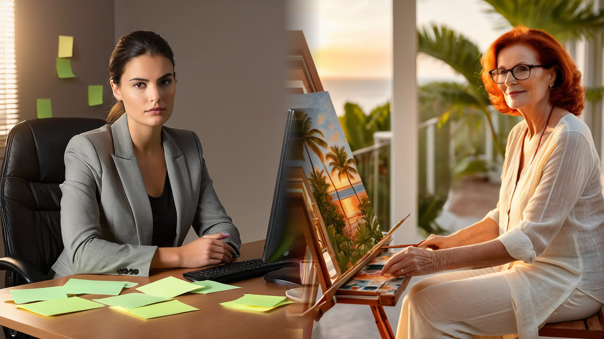 Split image: a young professional woman at an office desk with sticky notes, and an older red-haired woman painting on a tropical porch — two halves of one story