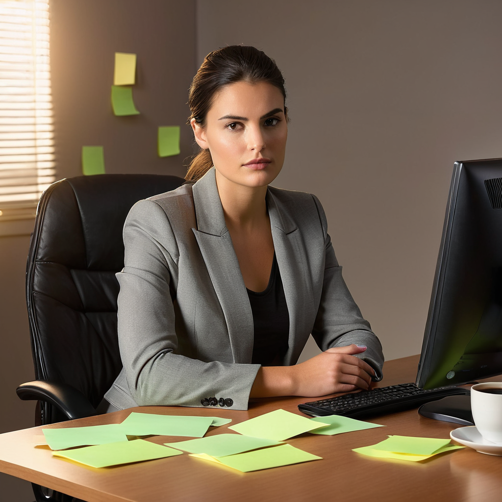 Claire at her desk in the early morning, surrounded by sticky notes