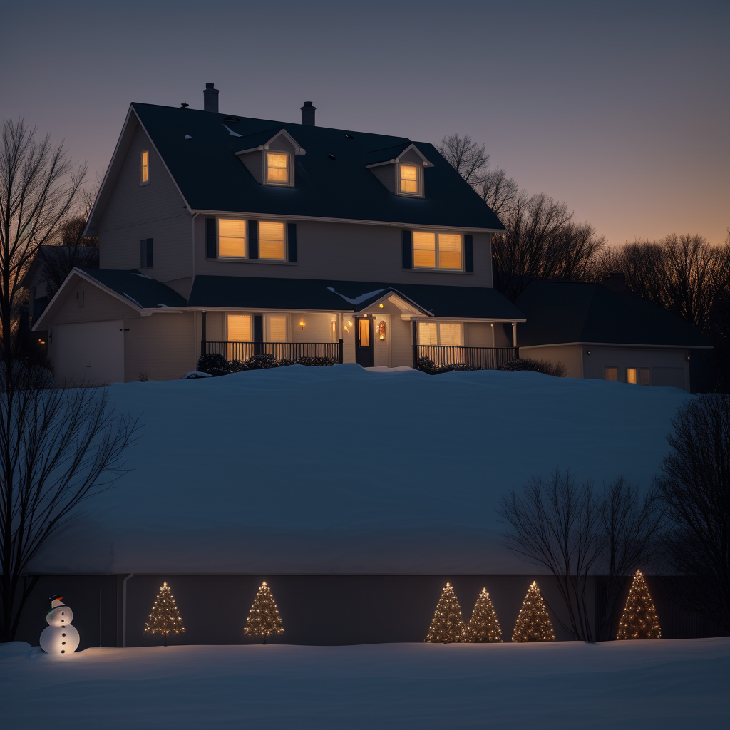 A house still decorated with Christmas lights in late December, warm and defiant against winter