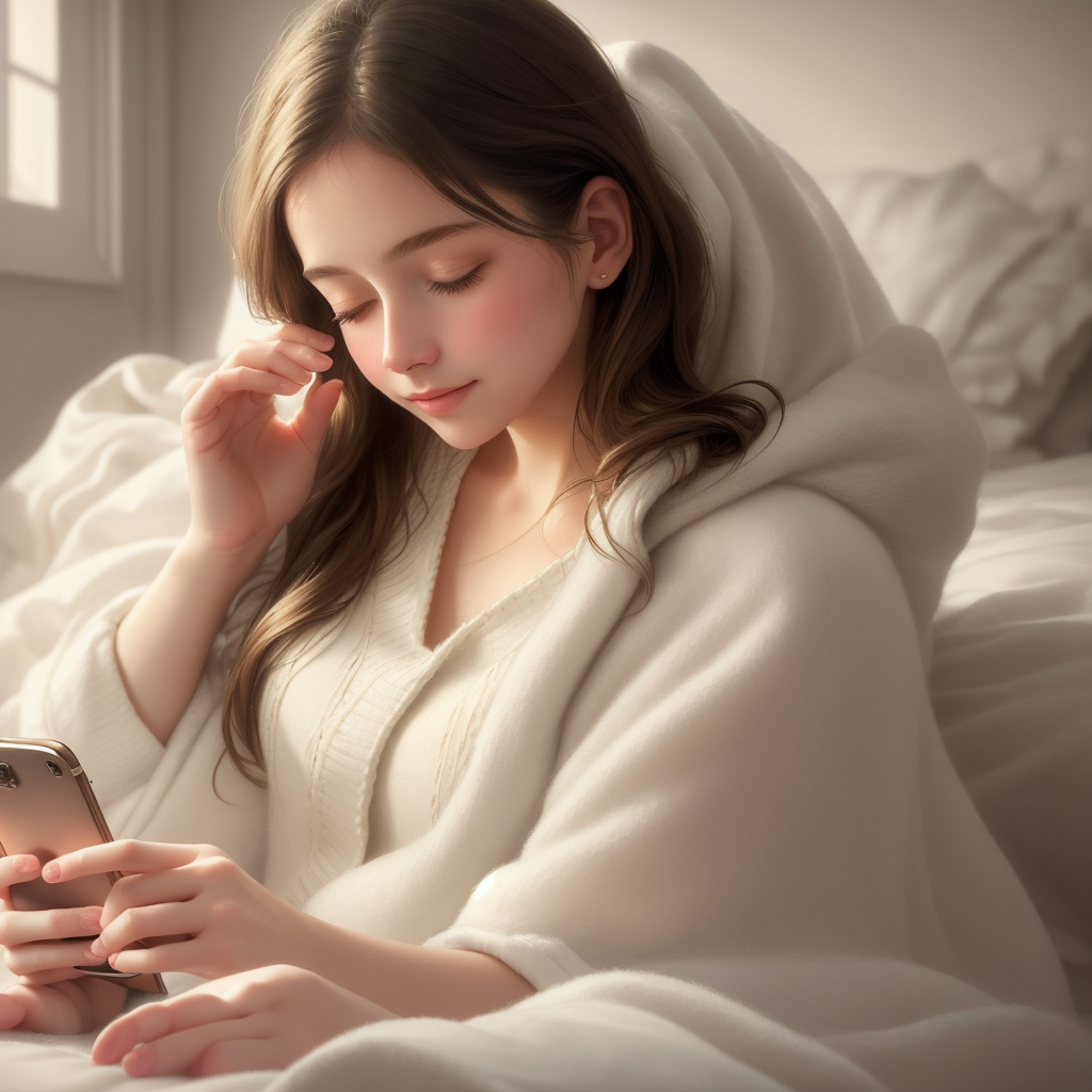 Someone reading a heartfelt message on their phone on Christmas morning, snow falling outside