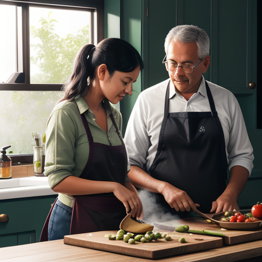 A young woman and her father cooking together in a warm kitchen, both focused on preparing vegetables on a wooden cutting board, soft natural light streaming through the window