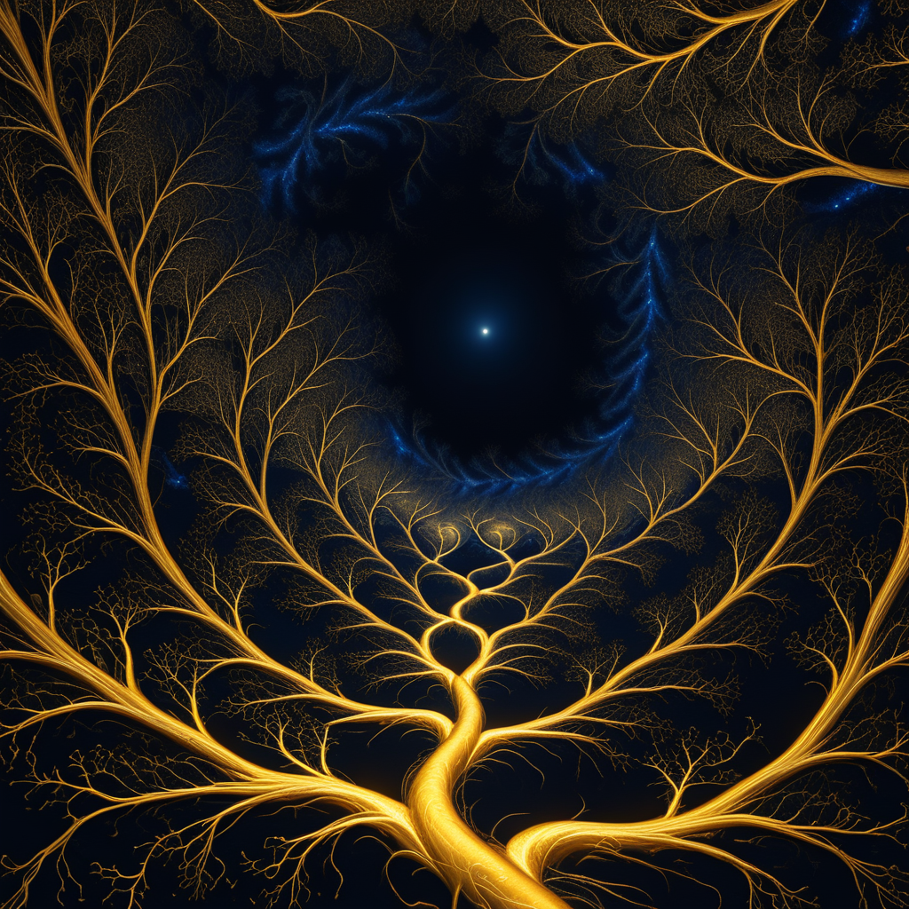 A golden fractal tree branching upward into dark space, luminous pathways splitting from a single trunk into organic patterns that spiral toward a distant point of light