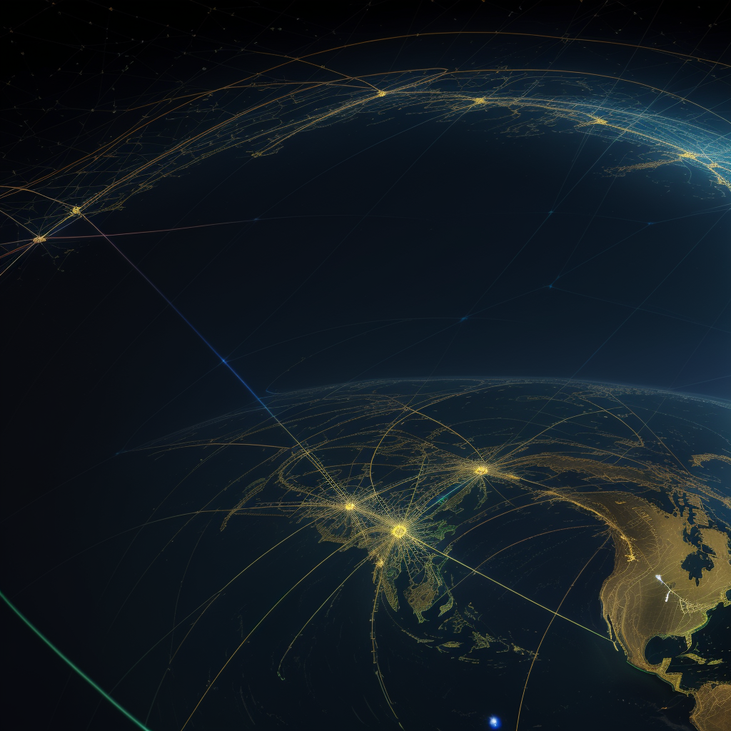 Dark Earth from space with golden network connections spreading across continents, glowing nodes marking major hubs, ethereal light connecting them in elegant arcs