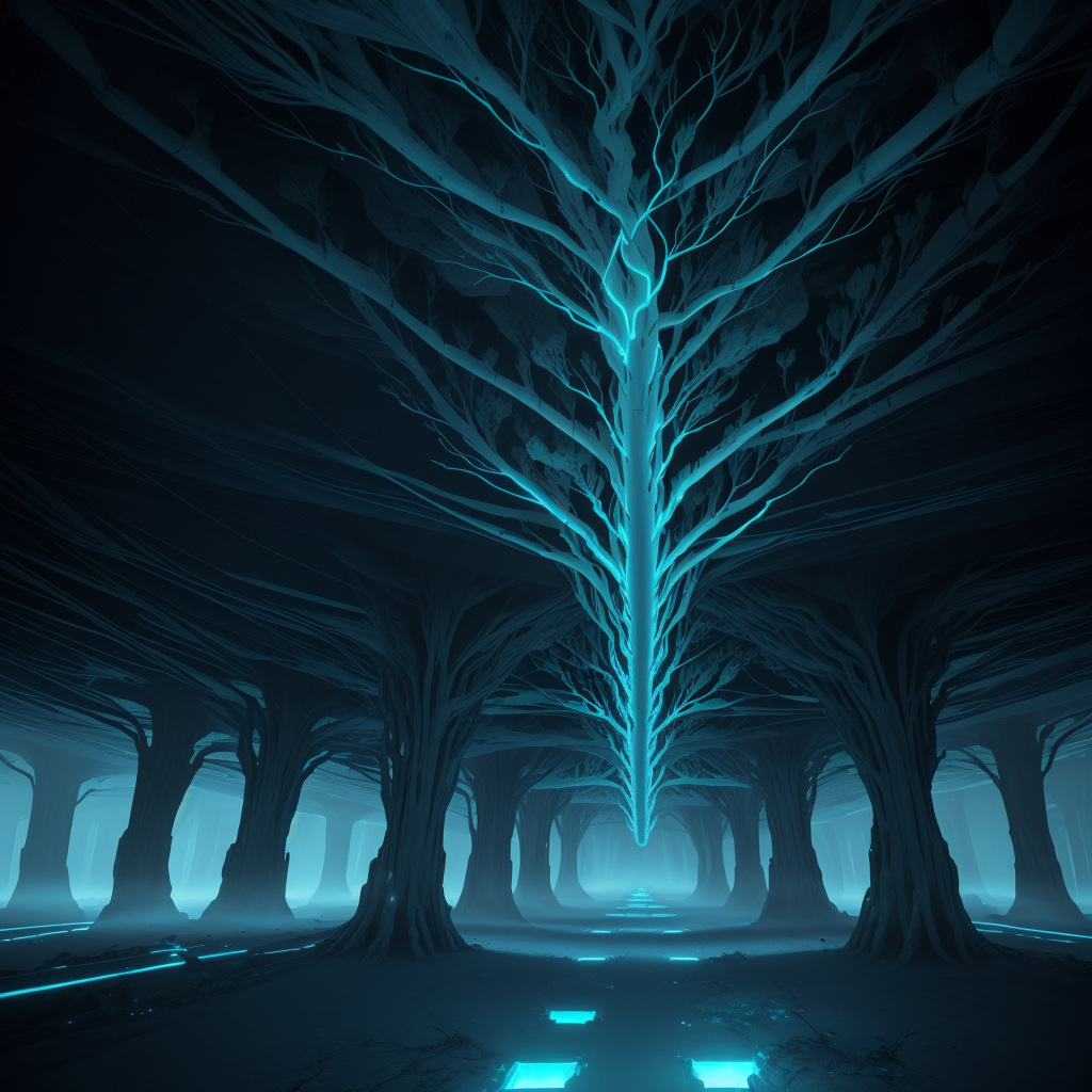 Bioluminescent corridors converging at a central junction in an underground lattice, teal light pulsing through organic architecture