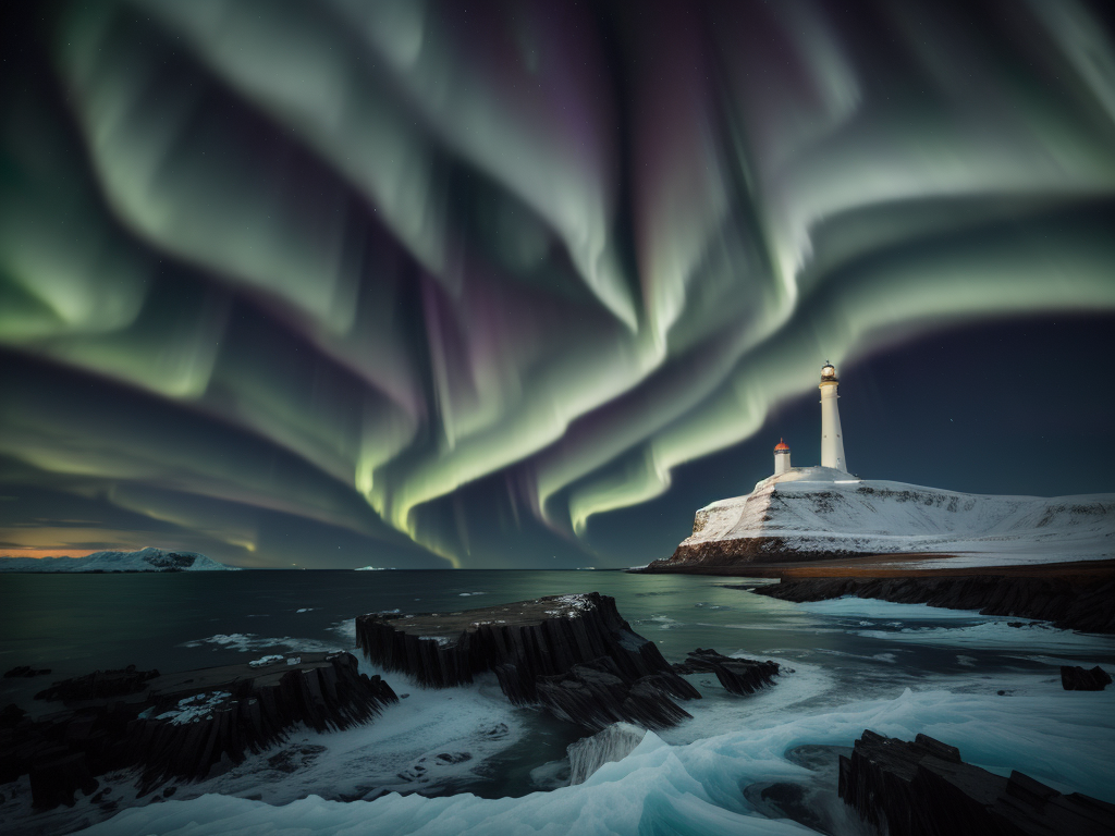 A lighthouse on arctic shores beneath spectacular green aurora borealis dancing across the night sky