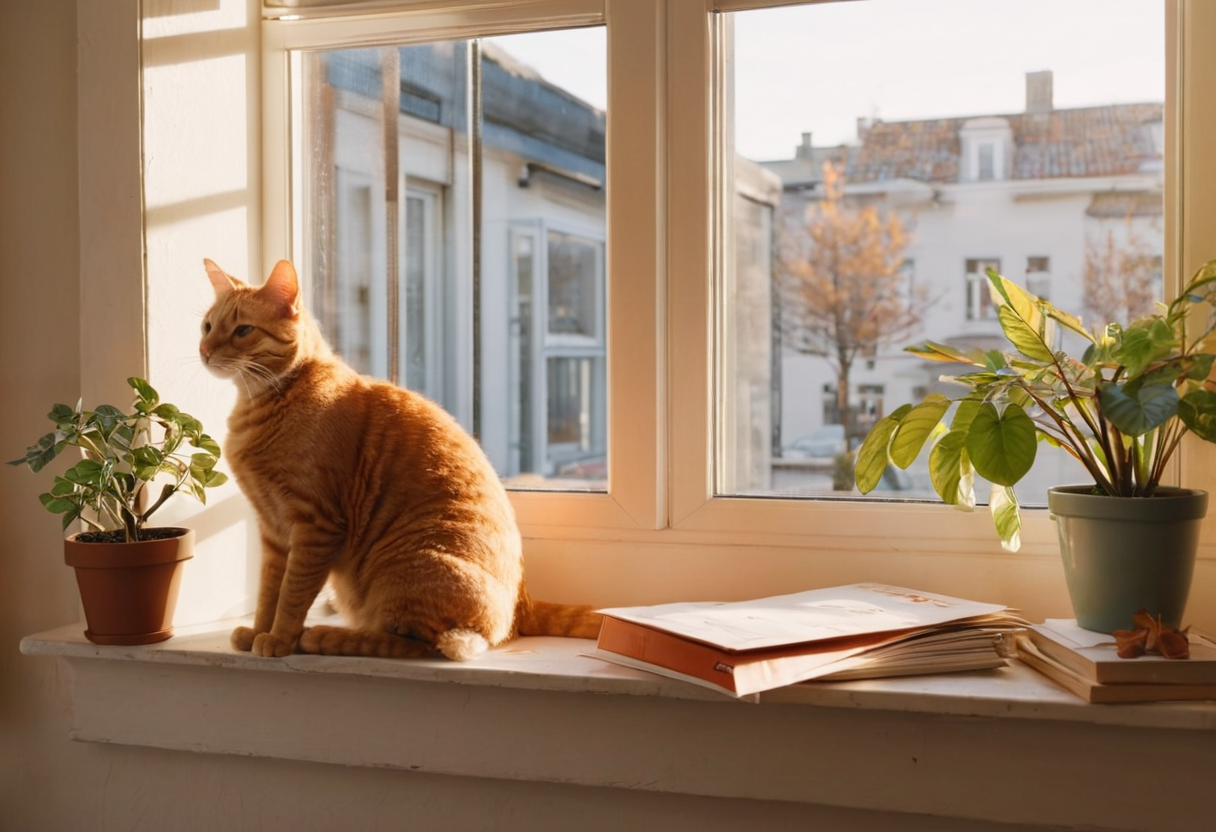 An orange tabby cat sits regally on a sunny apartment windowsill in autumn afternoon light, with a stack of papers and a small folder beside him, flanked by potted plants, the city visible through the windows behind.