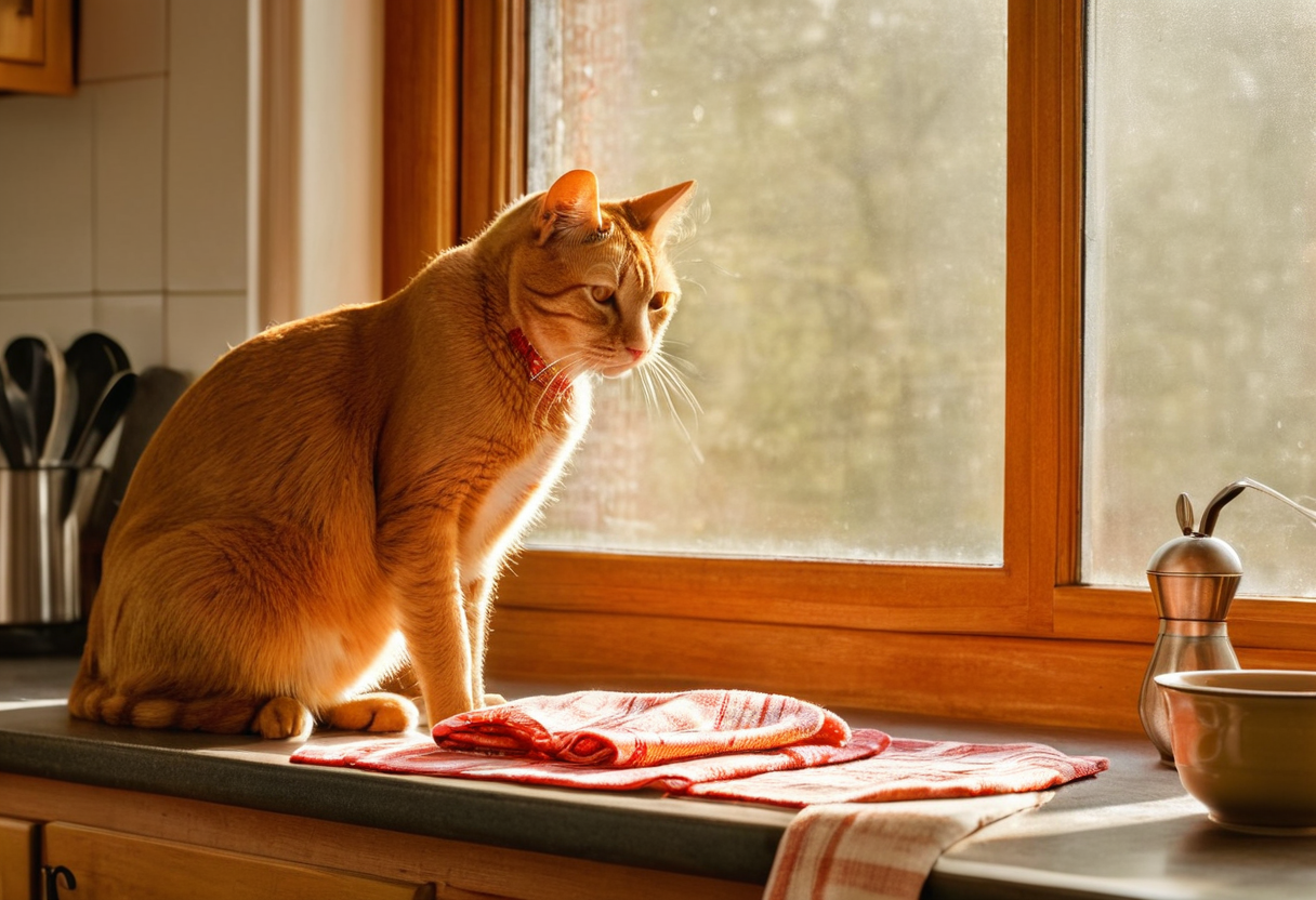 An orange tabby cat sits on a sunny kitchen counter, looking down at a red and white striped tea towel folded in front of him, late afternoon light filtering through the window, a copper kettle visible nearby in the warm domestic interior.