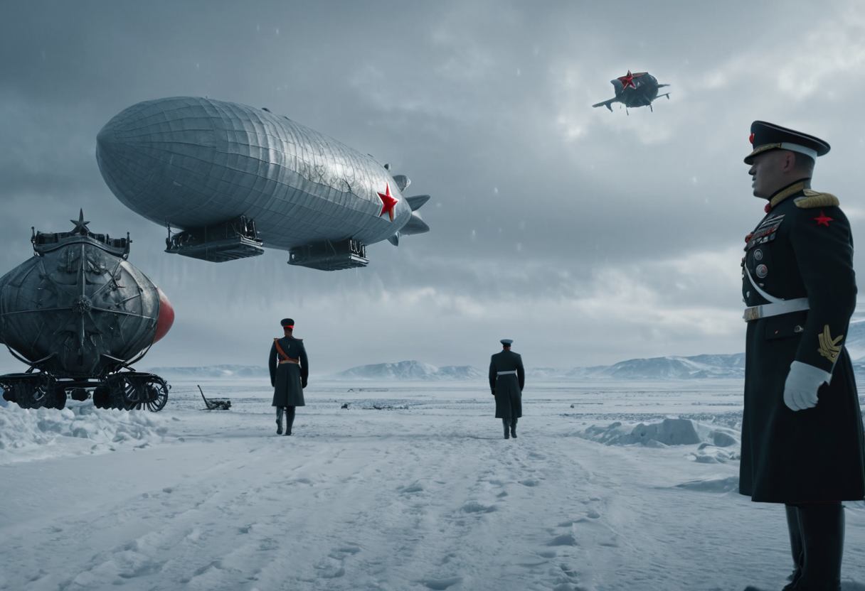 Soviet and Chinese military bases facing each other across frozen Siberian wasteland, timeline collision