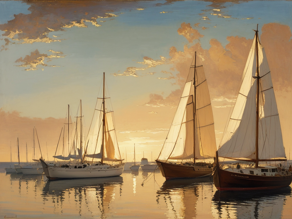 Golden hour harbor scene with sailboats anchored in calm water, warm amber light reflecting off the still surface — a painting that looks the way the ocean feels right before you stop thinking about how it looks