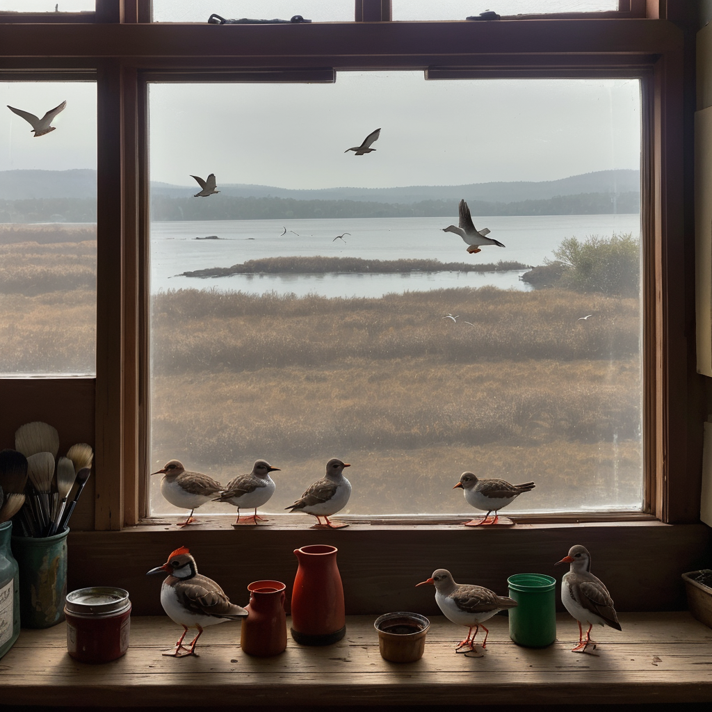 Hand-carved and hand-painted shorebirds on a dusty windowsill, afternoon light streaming through old glass, paintbrushes in a cup, a coastal marsh visible through the window with real birds flying — Nora's world