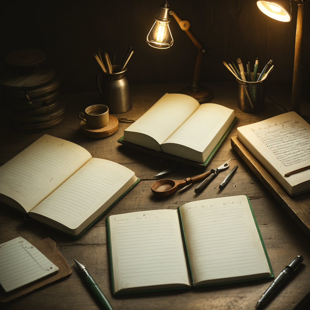 Open composition notebooks on a worn wooden workbench under warm lamplight — Harlan's record of a life's repairs, and later, Wren's continuation of the same habit