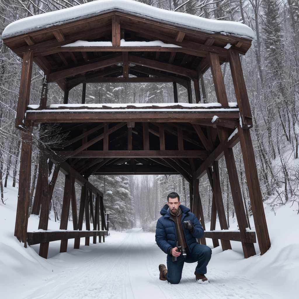 A man in his thirties kneels on snow-dusted ground beneath a wooden covered bridge in rural Vermont, working alone in patient careful posture, the truss rising above him in cold blue twilight