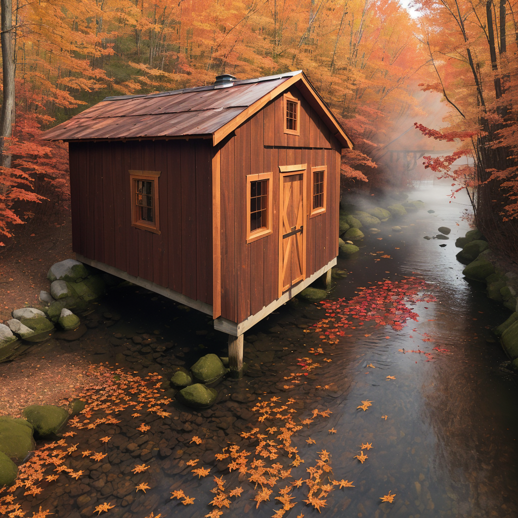 A small wooden covered bridge crosses a quiet creek in rural Vermont, surrounded by red and orange October maples and fallen leaves on the road and water — the kind of small intact bridge that only matters to the four farms above it and the logging operation that comes down the hollow twice a year