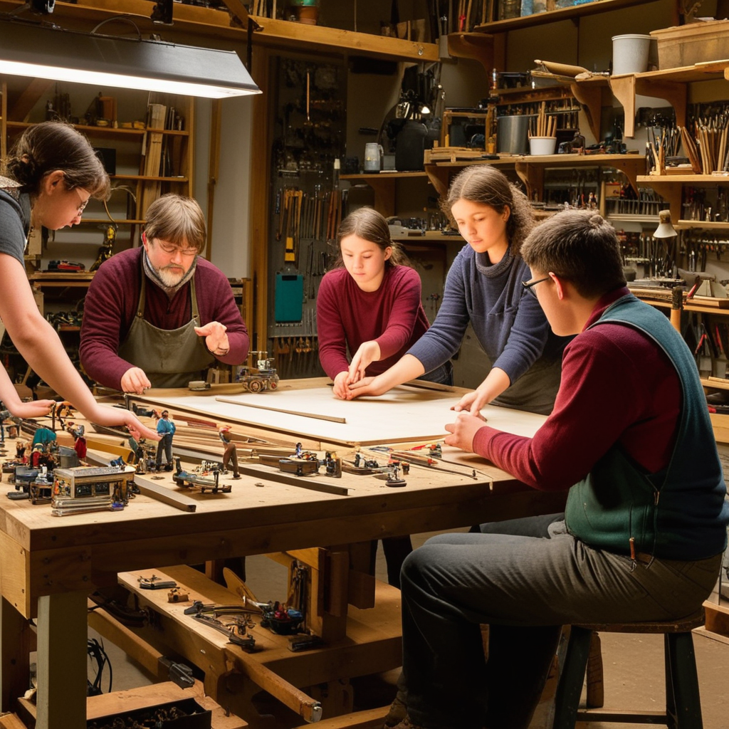 A diverse group gathered around a workbench in a workshop filled with tools, engaged in learning and creation—hands working together on intricate mechanisms, warm lighting casting focus on shared mastery and purpose