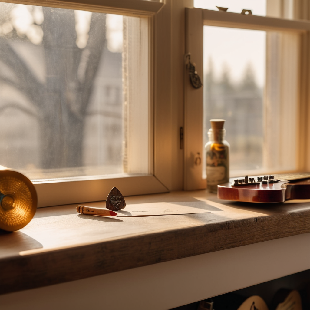 A wooden shelf by a window, holding small mementos — a guitar pick, a pen, personal treasures left by visitors, bathed in golden afternoon light
