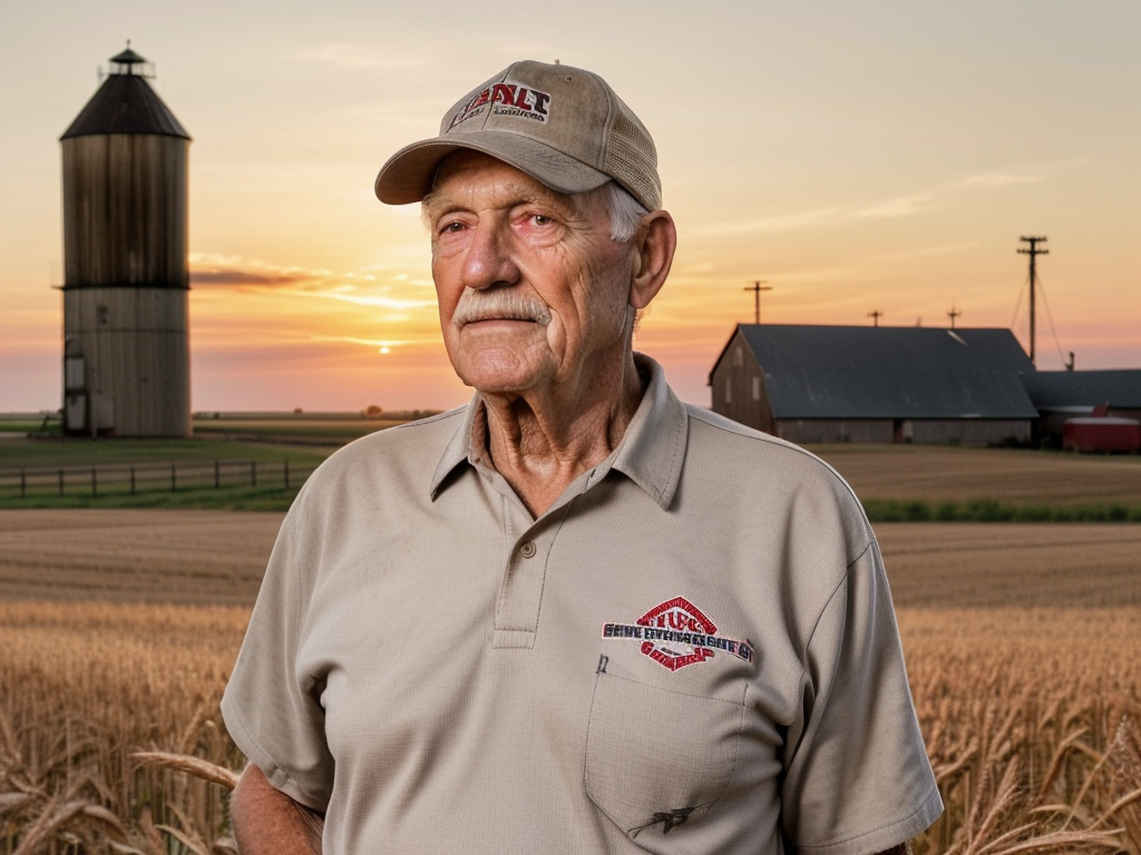 An elderly grain elevator operator in work clothes standing before grain silos at sunset, a lifetime of service in his weathered face
