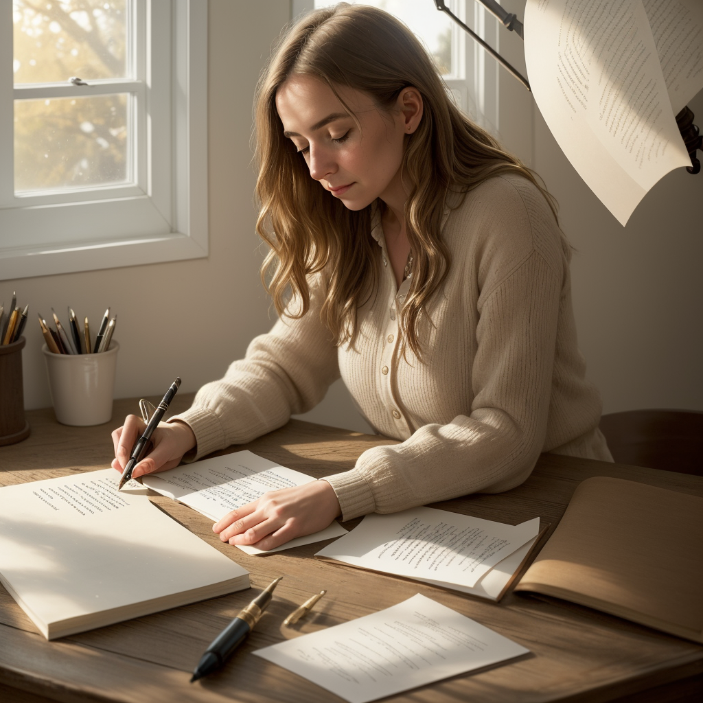 A woman writing by hand at a sunlit desk, crafting careful words with precision and care