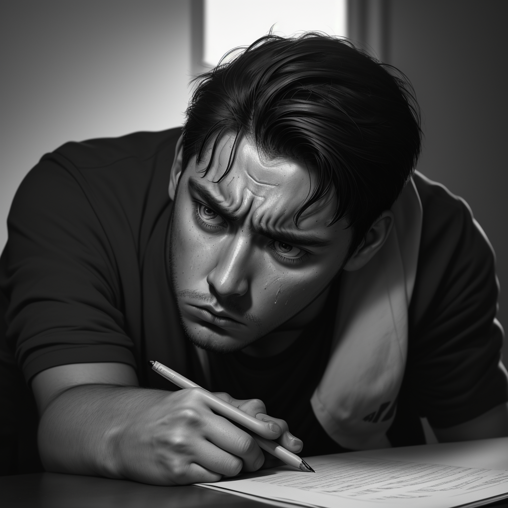 Close-up black and white portrait of a frustrated young man hunched over a desk gripping a pencil, sweat on forehead, intense eyes showing internal struggle