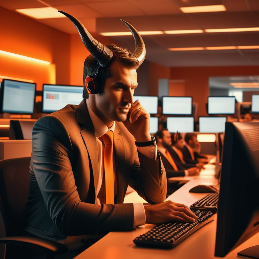 The Devil sitting at an IT help desk in Hell, wearing a business suit with small horns, surrounded by monitors showing infinite ticket queues, rubbing his temples in frustration