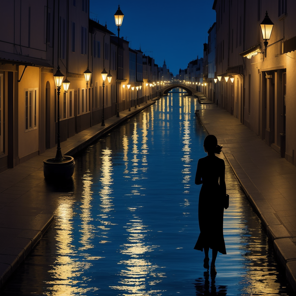 A solitary figure walking along a blue-hour canal in an old city, tending invisible connections between people