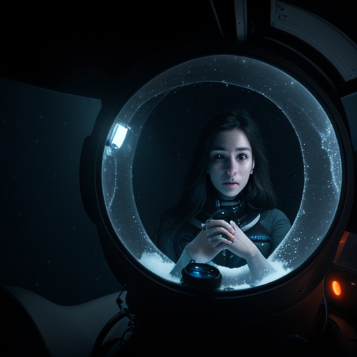 A woman looking through a circular submersible viewport into dark ocean water, her face illuminated by instrument lights