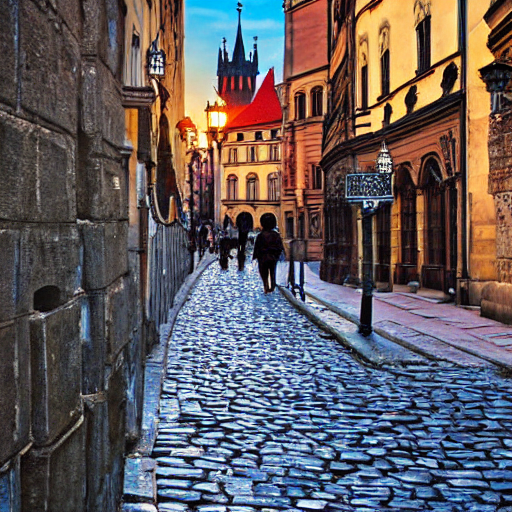 Lamplighter with ladder walking cobblestone streets of Prague's Old Town at dusk