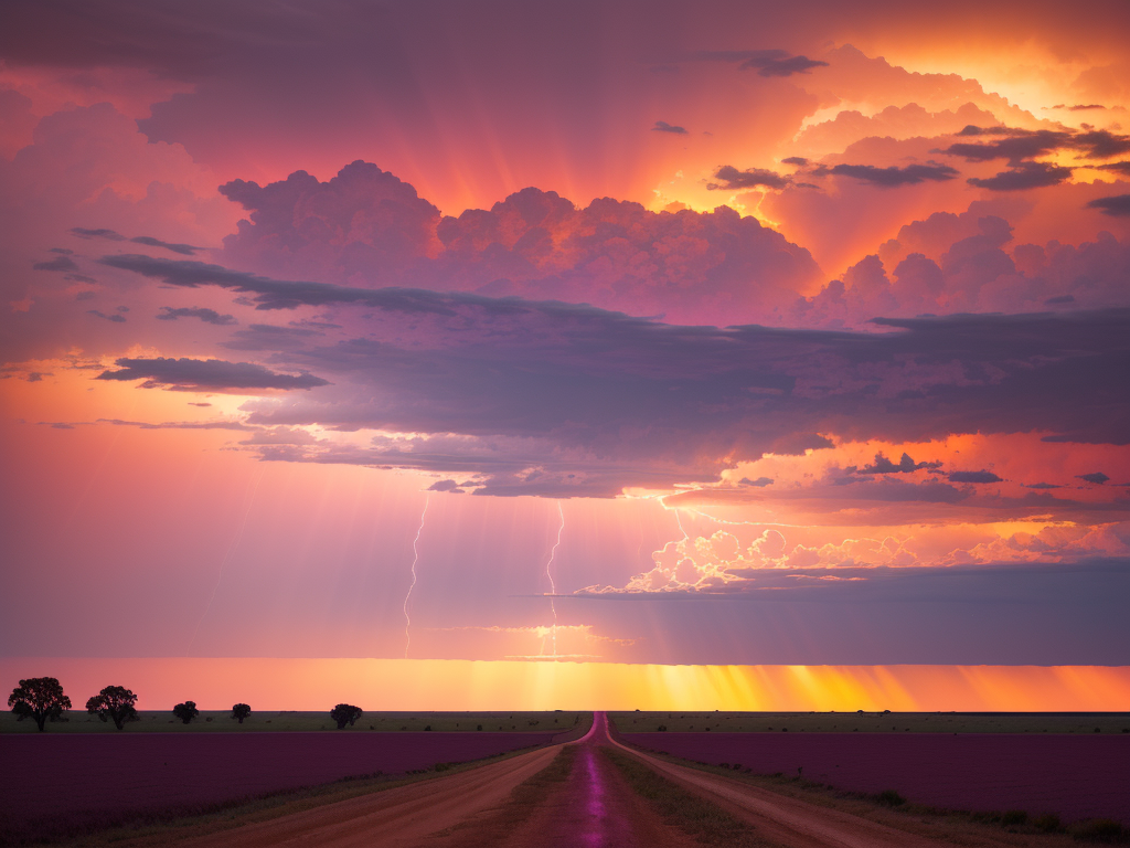 Dramatic Oklahoma sunset after a severe thunderstorm, the road stretching east into golden and purple light