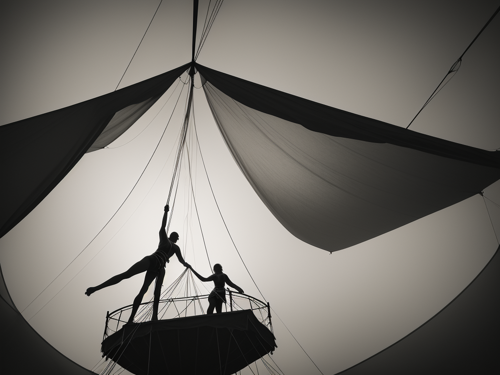 An empty trapeze hanging high above a darkened circus tent, waiting for a final decision