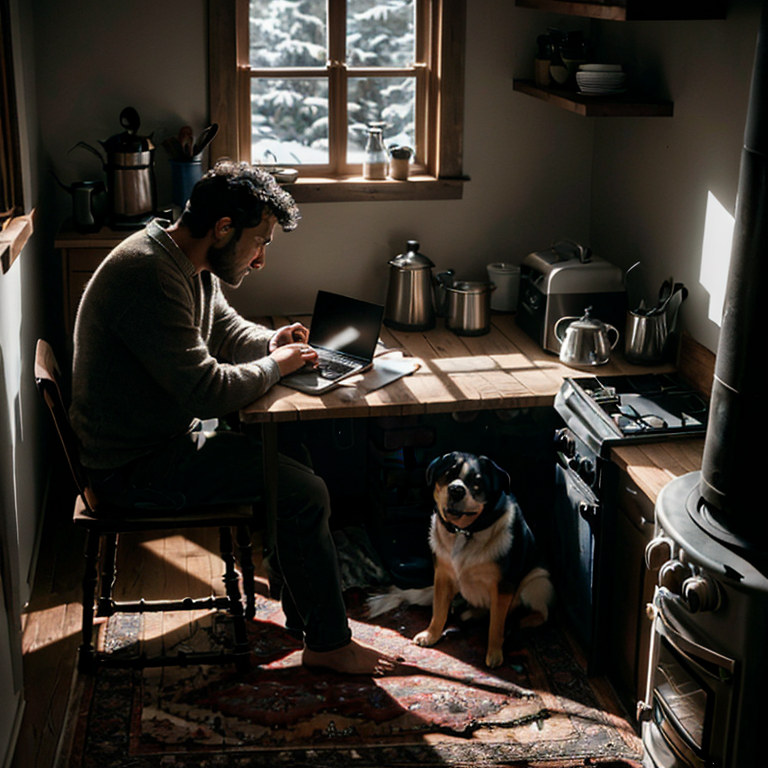 A man sits at a kitchen table late at night, laptop open, warm light on his face, a dog sitting loyally beside him near a wood stove