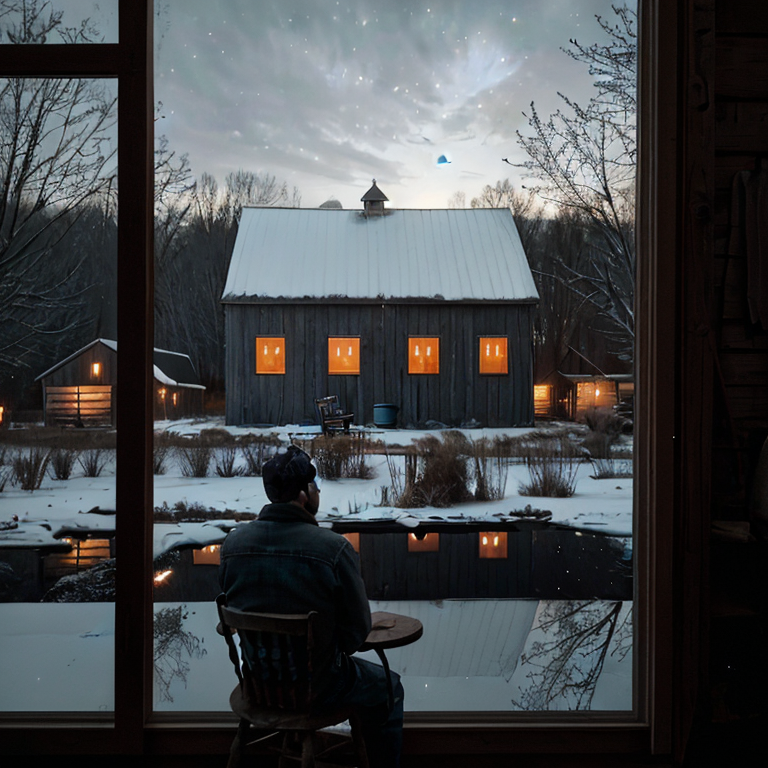A man looks through a farmhouse window at a snow-covered workshop barn in the distance, warm lights glowing from its windows against the cold night