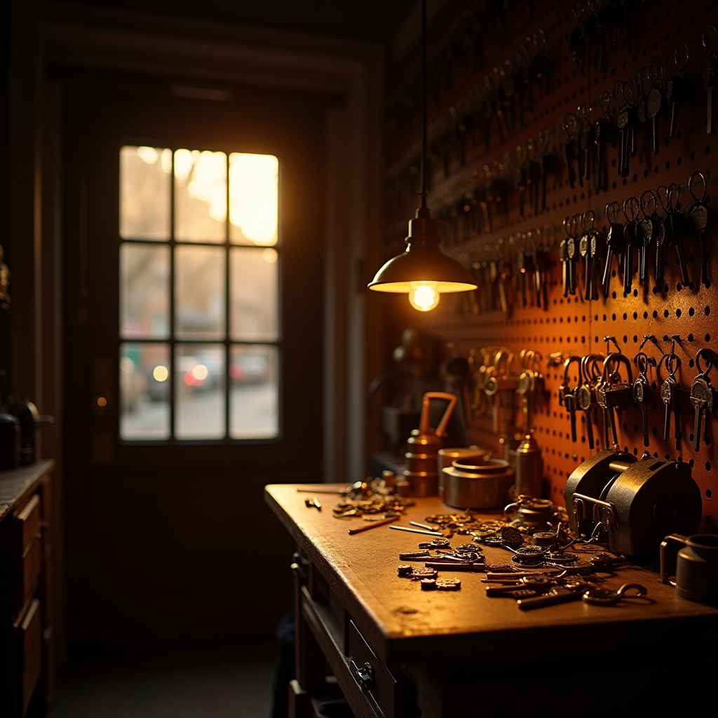 A warm, softly lit locksmith workshop at golden hour with brass keys hanging on a pegboard wall, some hooks empty, a wooden workbench with tools, and amber light through a glass-paneled door