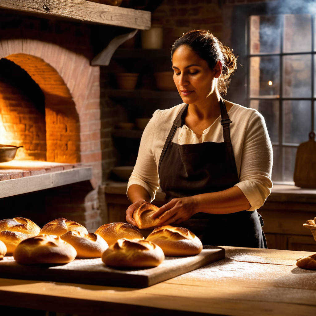 A woman baker in a warm midnight kitchen, dusted with flour, tending to freshly baked bread by the light of a brick oven