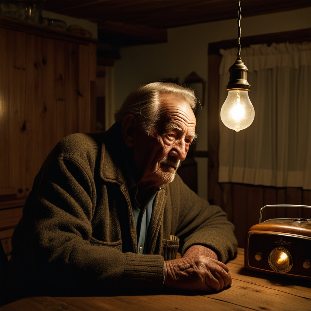 An elderly fisherman in a small cottage kitchen at night, leaning toward an old vintage radio on a wooden table