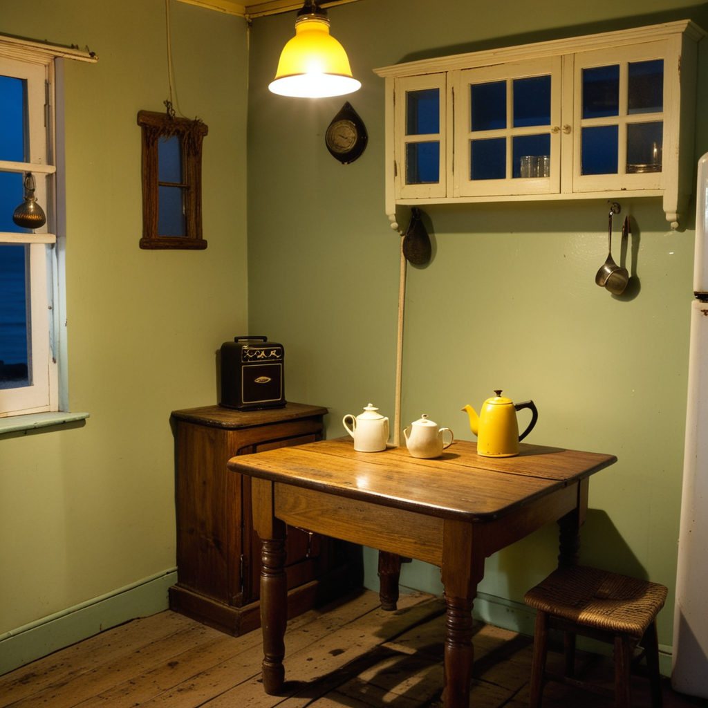 A small empty cottage kitchen at night with a wooden table, a single hanging bulb, a window onto dark ocean beyond