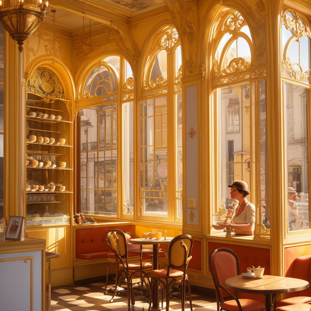 1920s Lisbon café with pastries and jazz musician, Chiado district at dawn