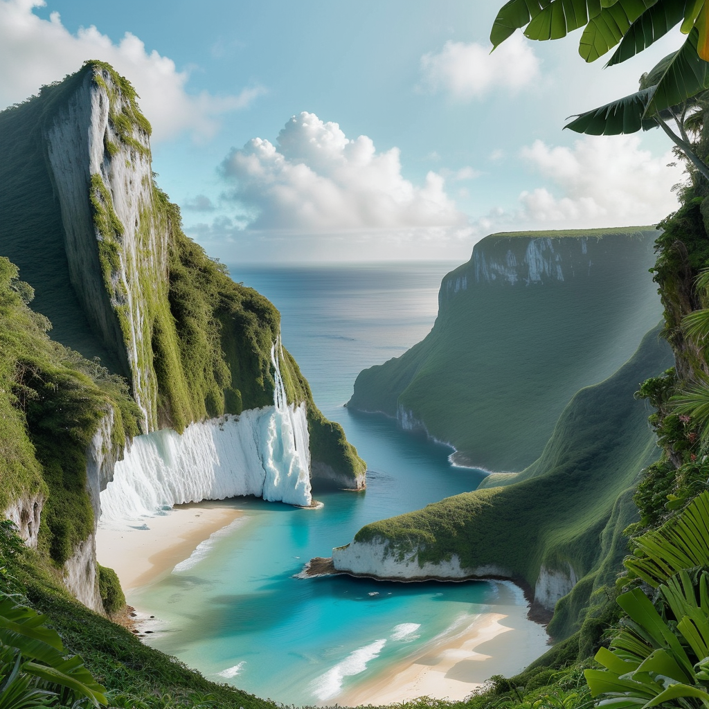 A dramatic tropical island with turquoise waters and steep cliffs emerging from Caribbean blue, a hidden paradise