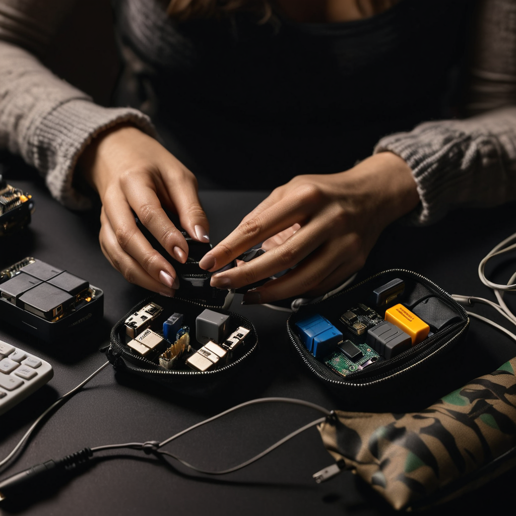 Close-up of hands working with small electronic adapters and cables organized in pouches on a dark workspace, dramatic side lighting