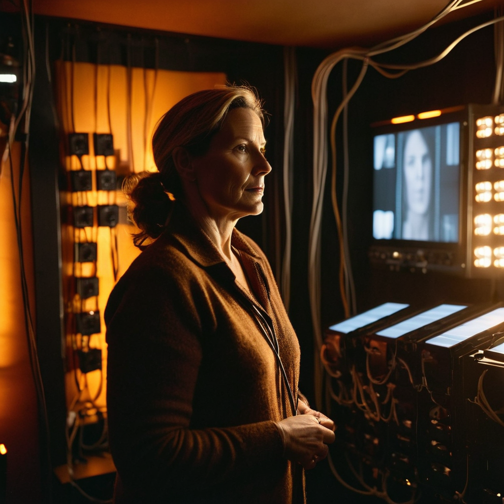 Patel working in the amber-lit projection booth, surrounded by equipment and cables