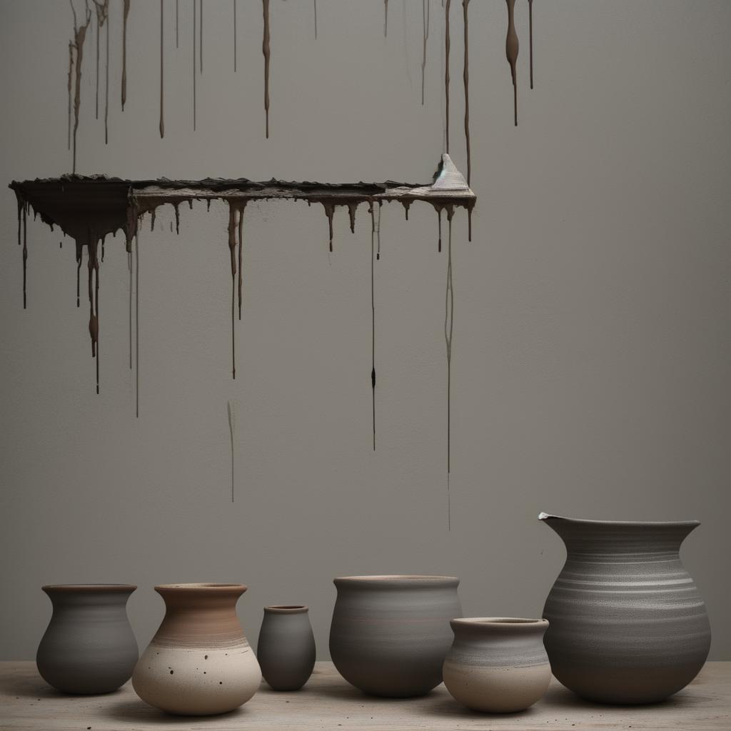 Clay vessels of various shapes arranged beneath dripping black liquid, vessels made to hold grief