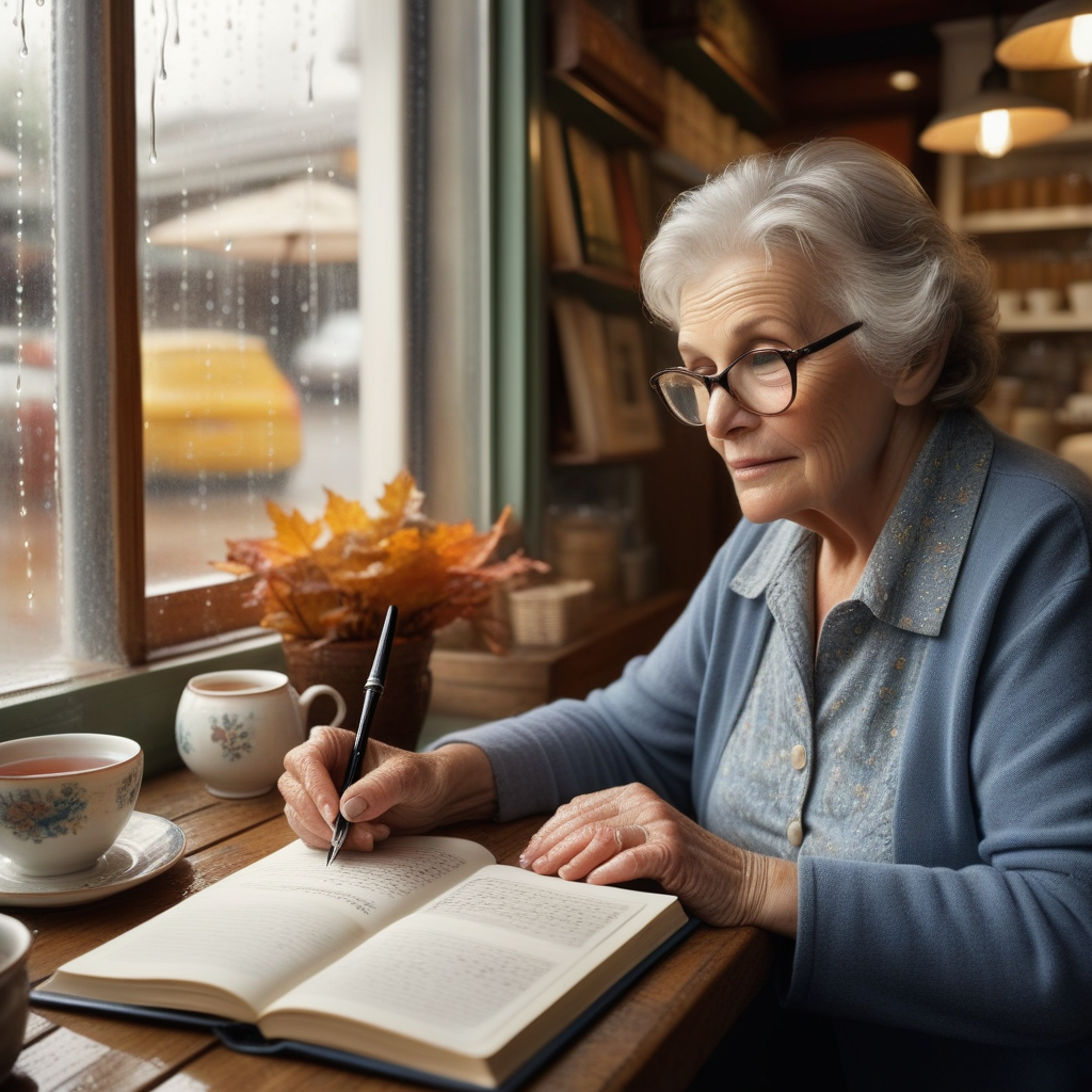 An older woman with reading glasses sits in a tea-shop booth by a rain-streaked window, fountain pen in hand, hand-copying a book into a hardcover notebook