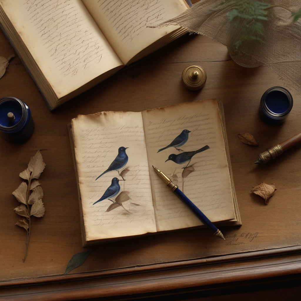 An overhead view of a worn wooden writing desk: an open notebook of bird-call transcriptions in indigo cursive with painted-blue robins in the margins, ink wells, a fountain pen, dried leaves at frame edges