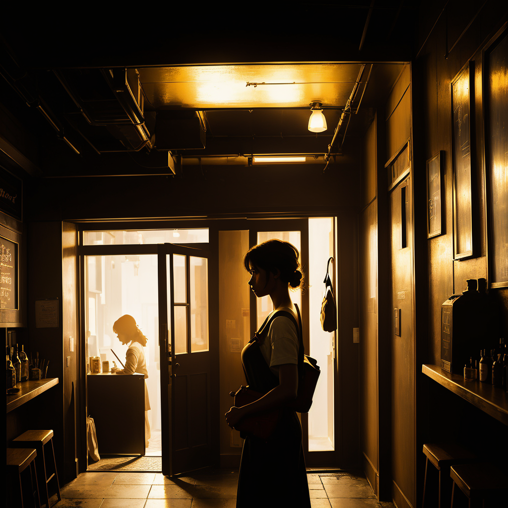 A woman silhouetted in the doorway of a warm, amber-lit bar at night, canvas bag over her shoulder, deciding whether to step inside