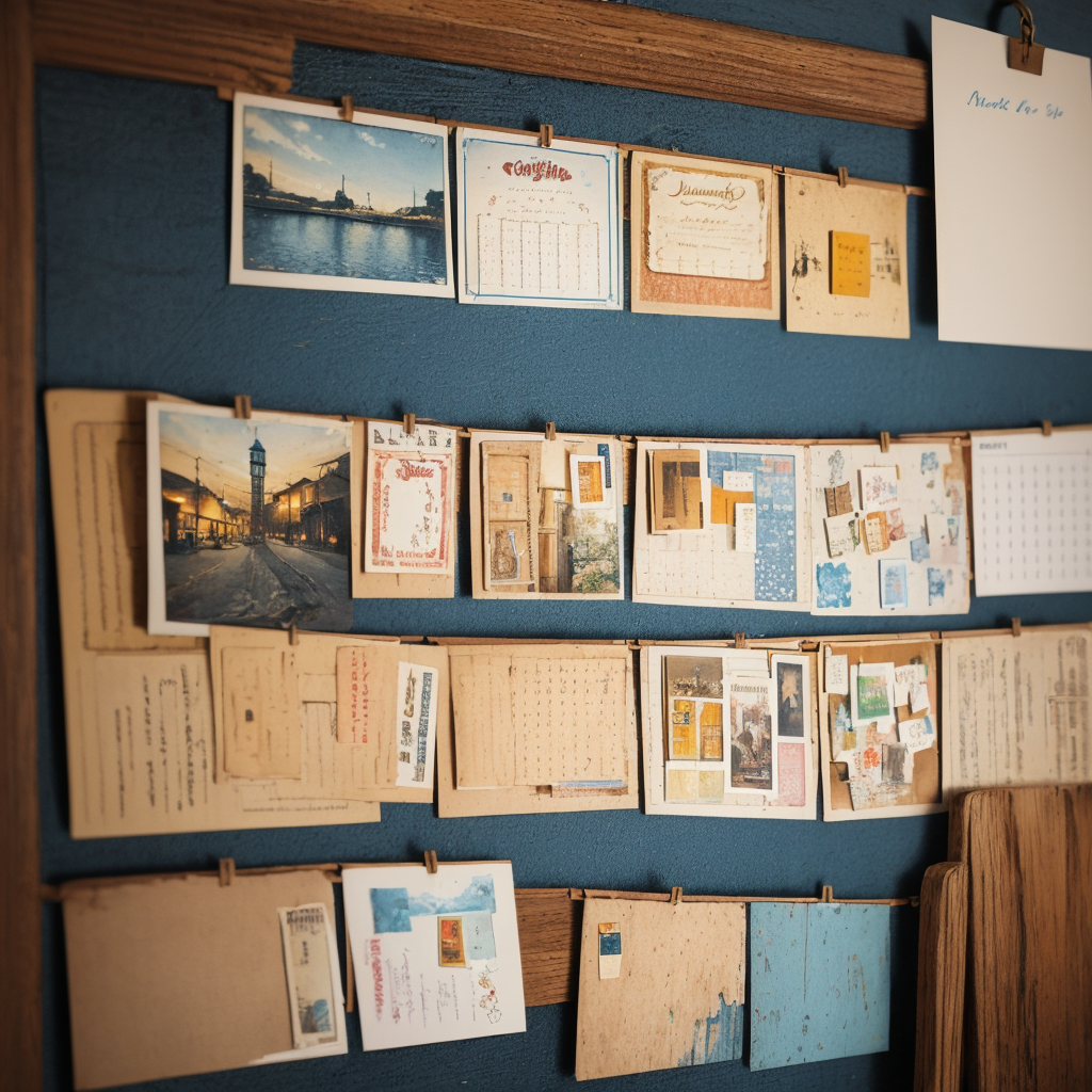 Postcards pinned to a corkboard with blue thumbtacks, layered and weathered, landscape photographs with handwriting