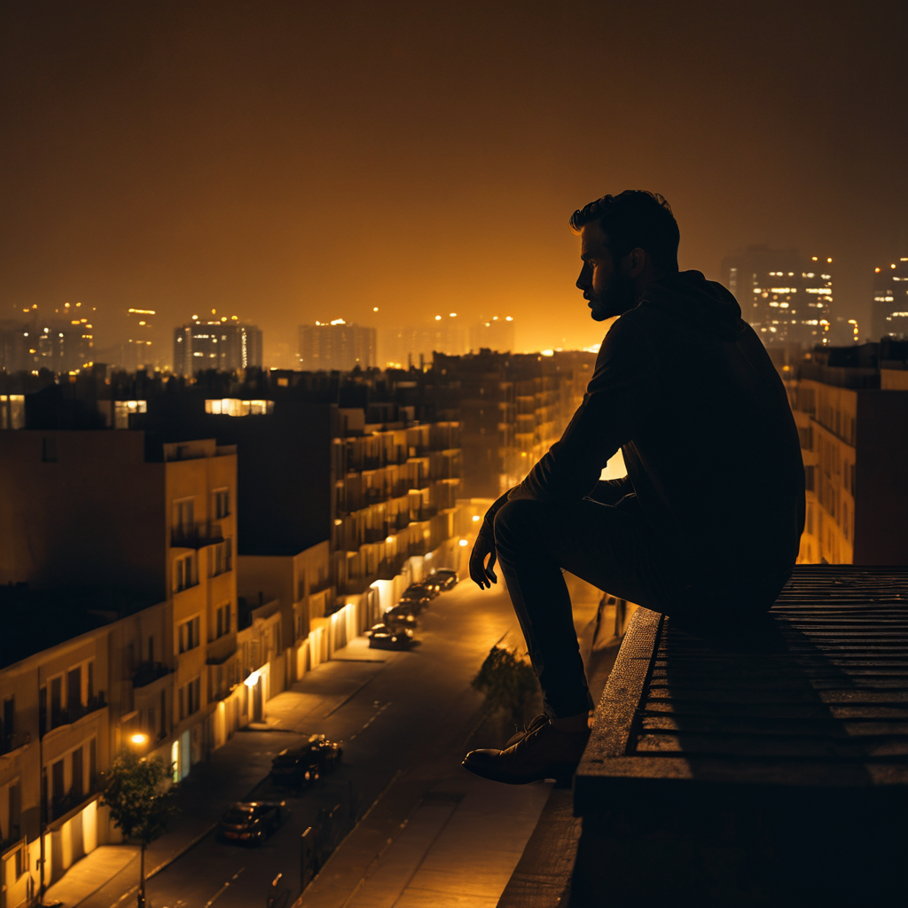 A man sitting alone on the edge of an apartment building rooftop at night, city lights glowing amber below