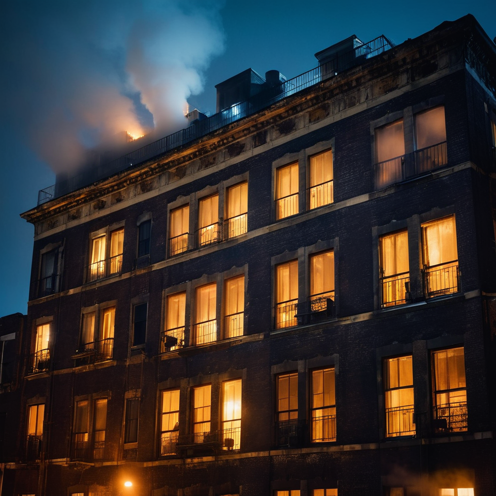 An old apartment building at night with warm lit windows and steam rising from the vents, the building seeming to breathe